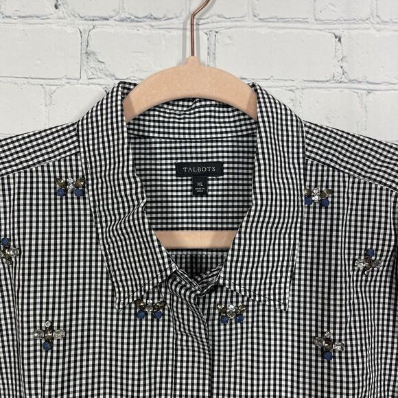 Talbots Blouse Women's XL Plaid Button Down Beaded Studded Long Sleeve Check - Picture 3 of 13